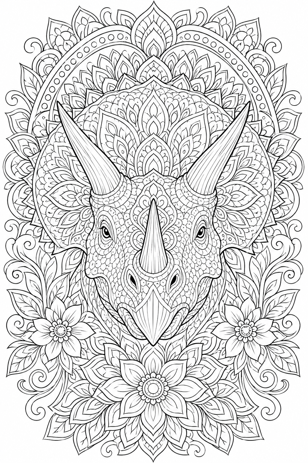 Adult Dinosaur Coloring Pages – Triceratops Mandala Portrait