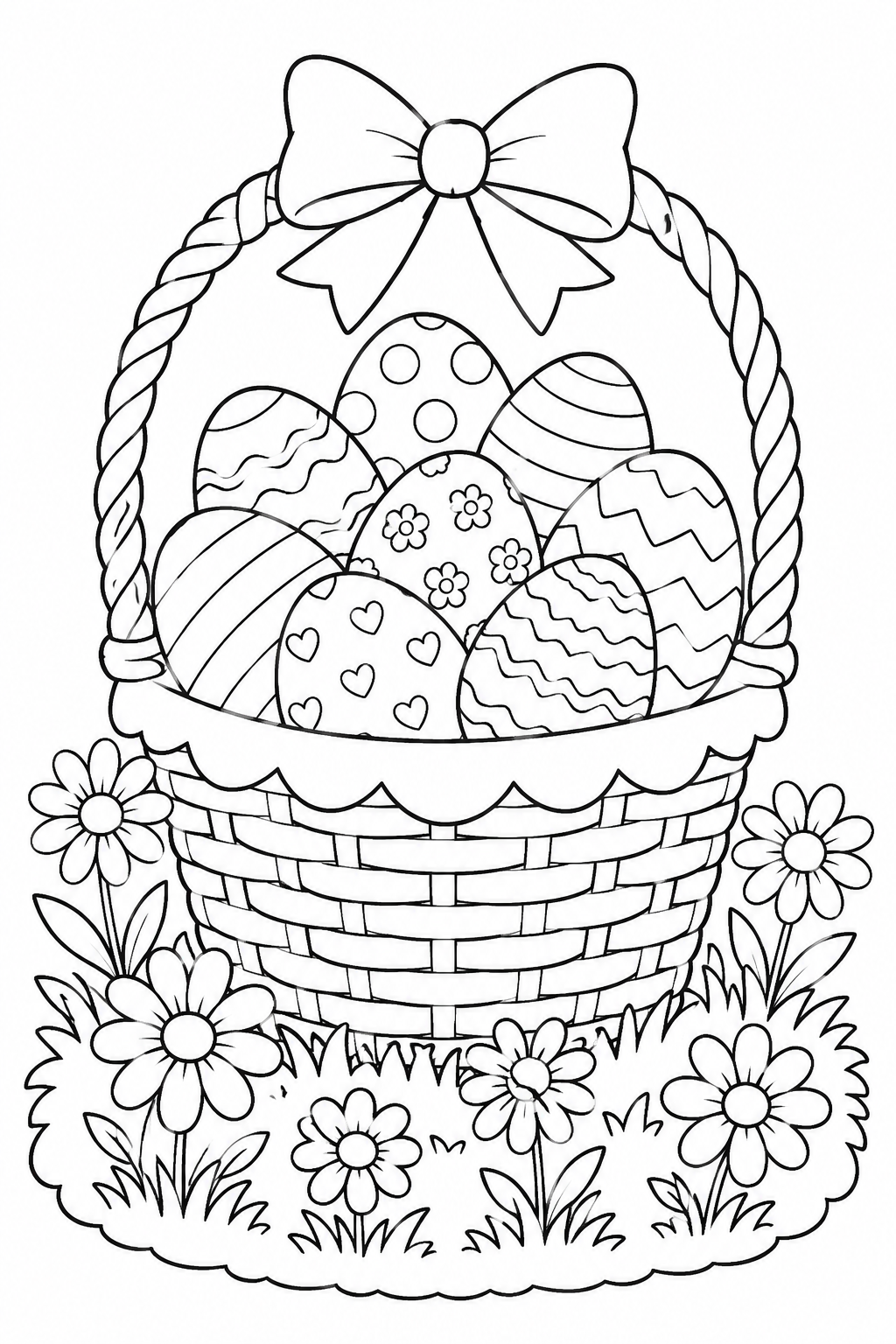 Easter Basket Color Pages – Wicker Basket Overflowing with Eggs on Spring Grass with Daisies