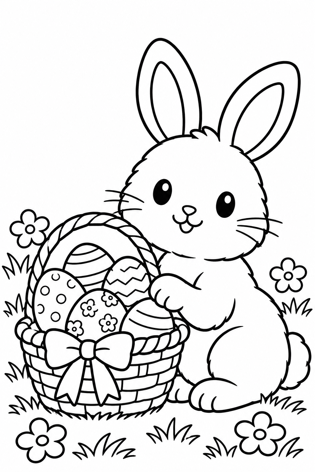 Easter Bunny and Eggs Coloring Pages – Fluffy Bunny with Wicker Basket