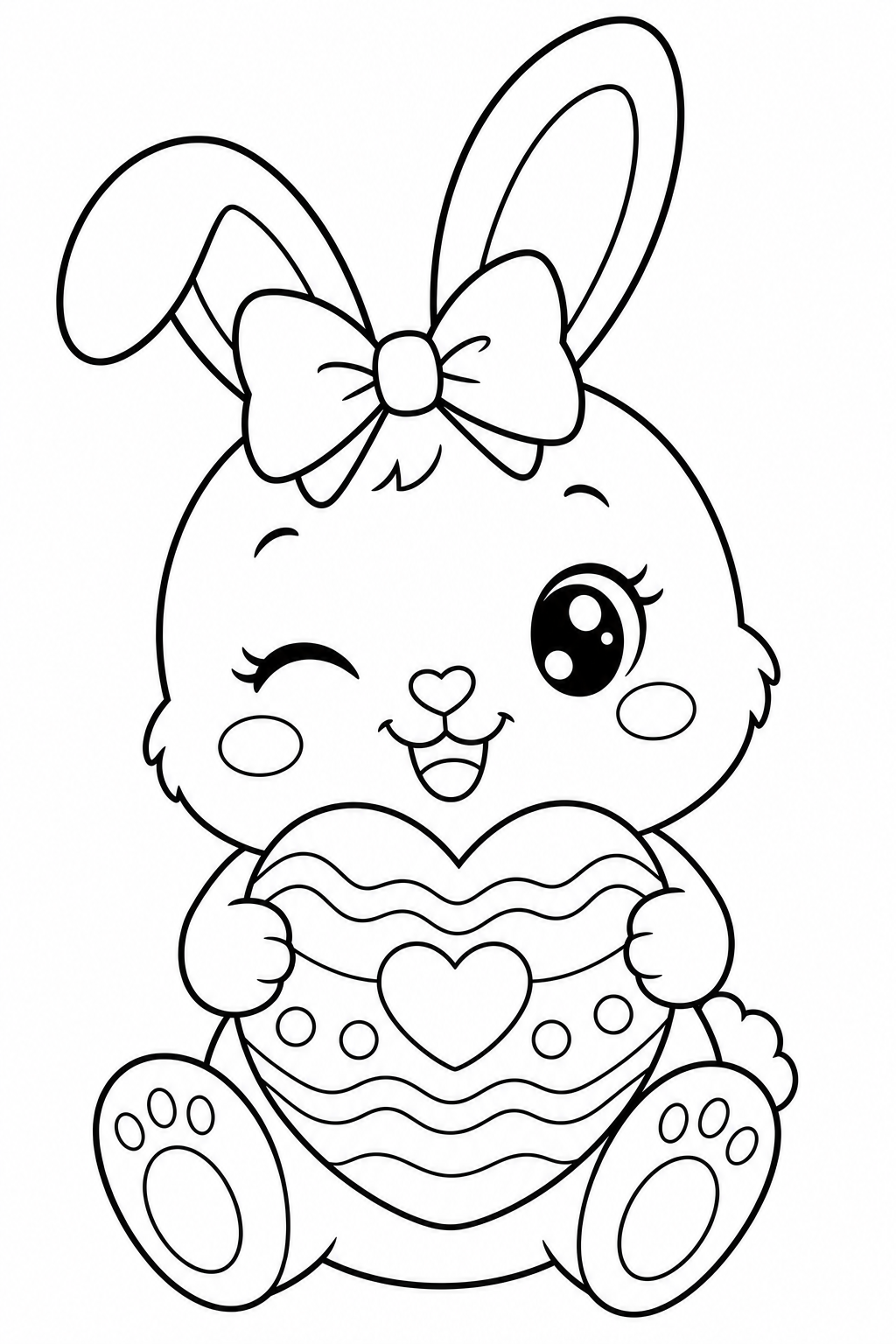 Cute Easter Bunny Coloring Pages – Winking Bunny with Big Bow and Heart Egg