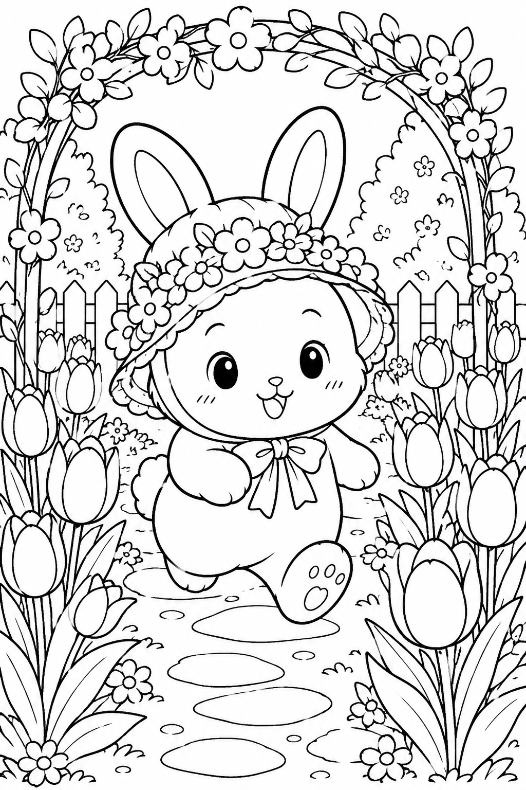 Easter Bunny in Flower Bonnet Coloring Page