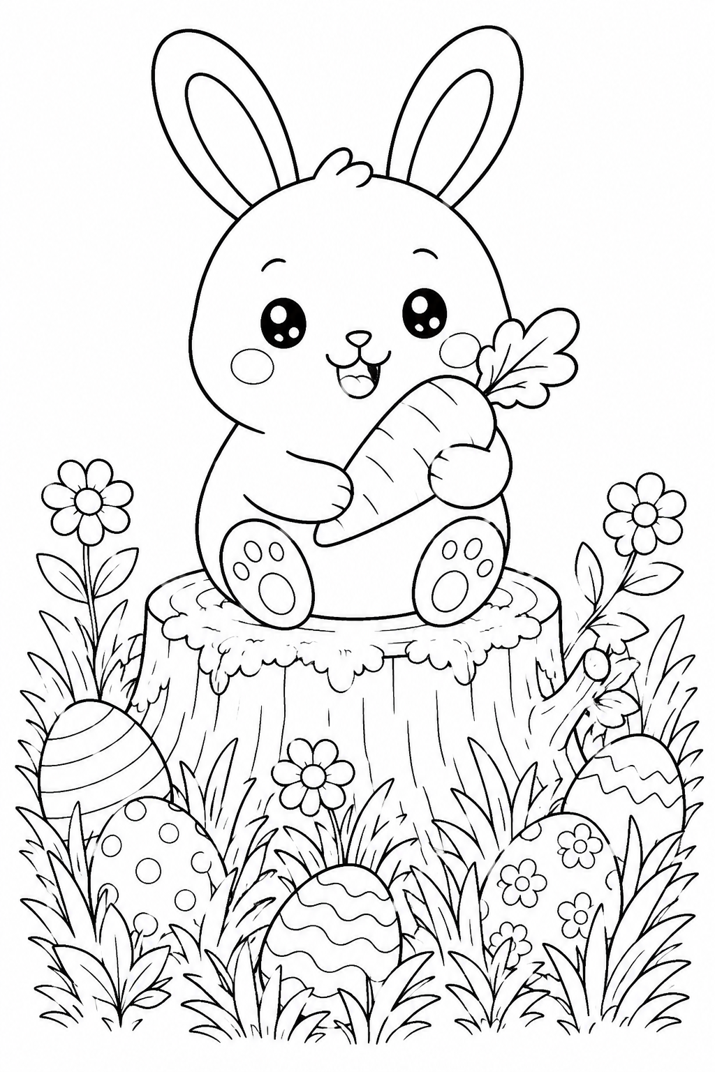 Easter Bunny Color Page – Round Bunny on a Mossy Stump Holding a Carrot