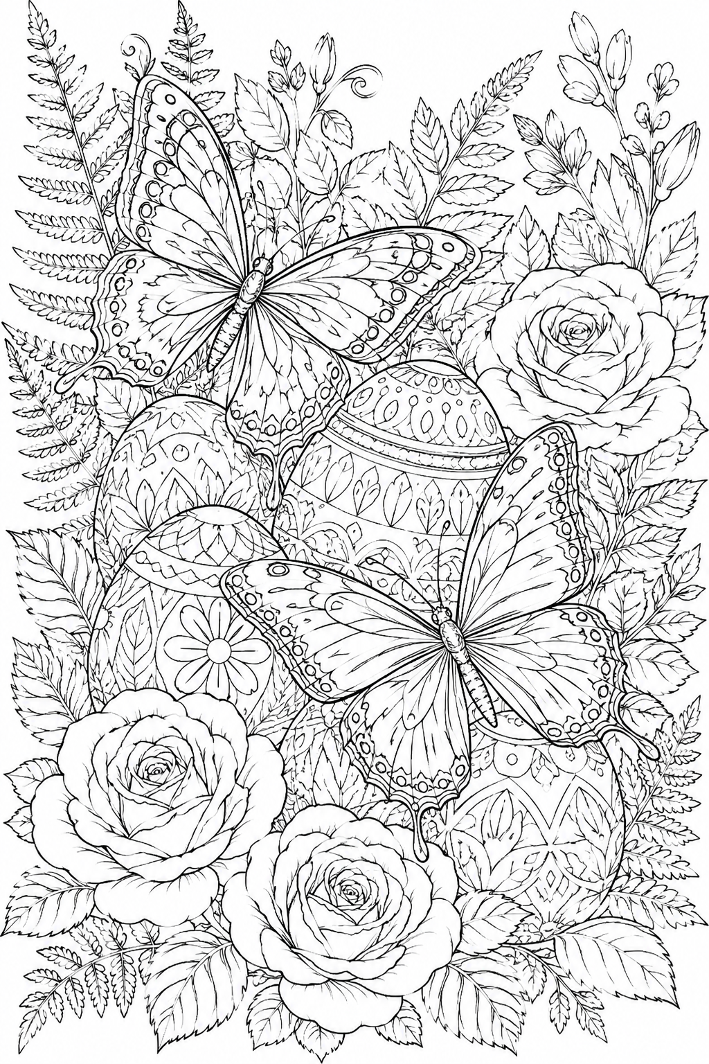 Butterflies on Easter Eggs Garden Coloring Page