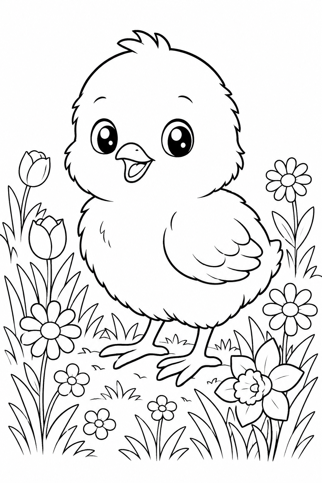 Easter Chick Coloring Pages – Baby Chick in Spring Grass with Flowers