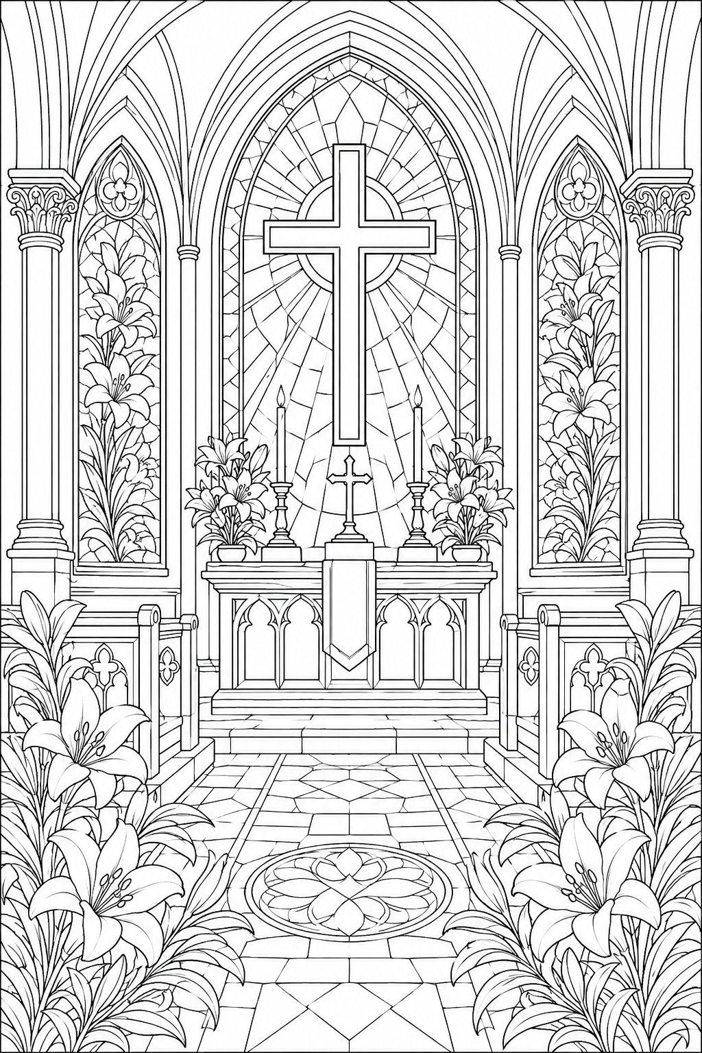 Church Easter Coloring Pages – Interior with Arched Stained-Glass Windows and Lily Flowers