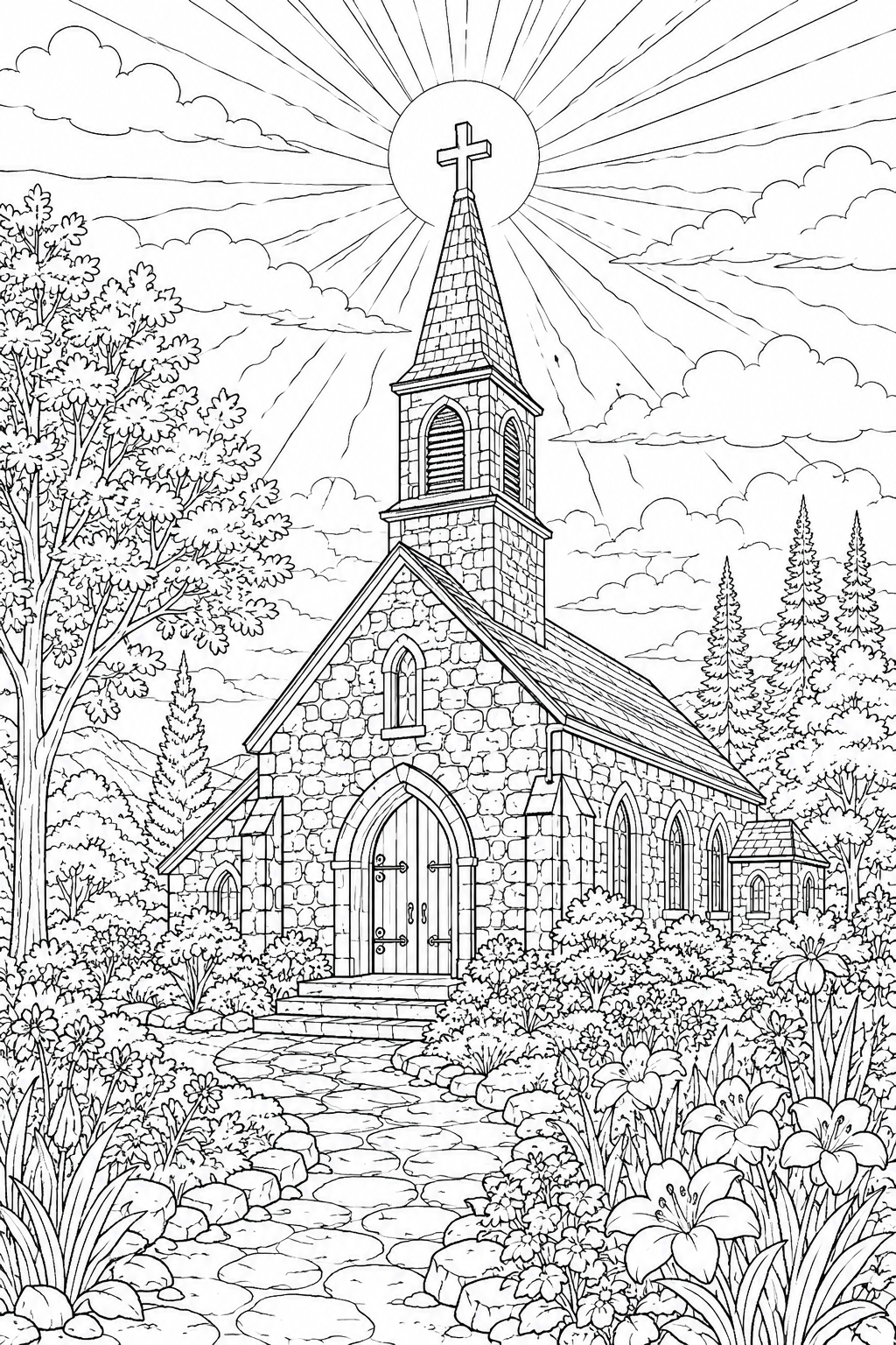 Religious Easter Color Pages – Stone Church with Cross Glowing at Sunrise