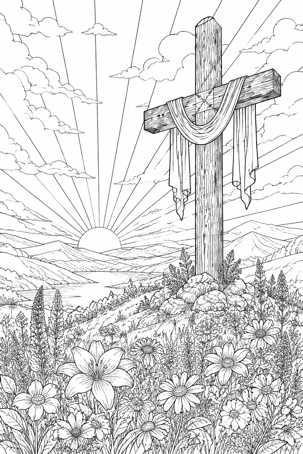 Religious Easter Coloring Pages – Wooden Cross on a Hill at Sunrise