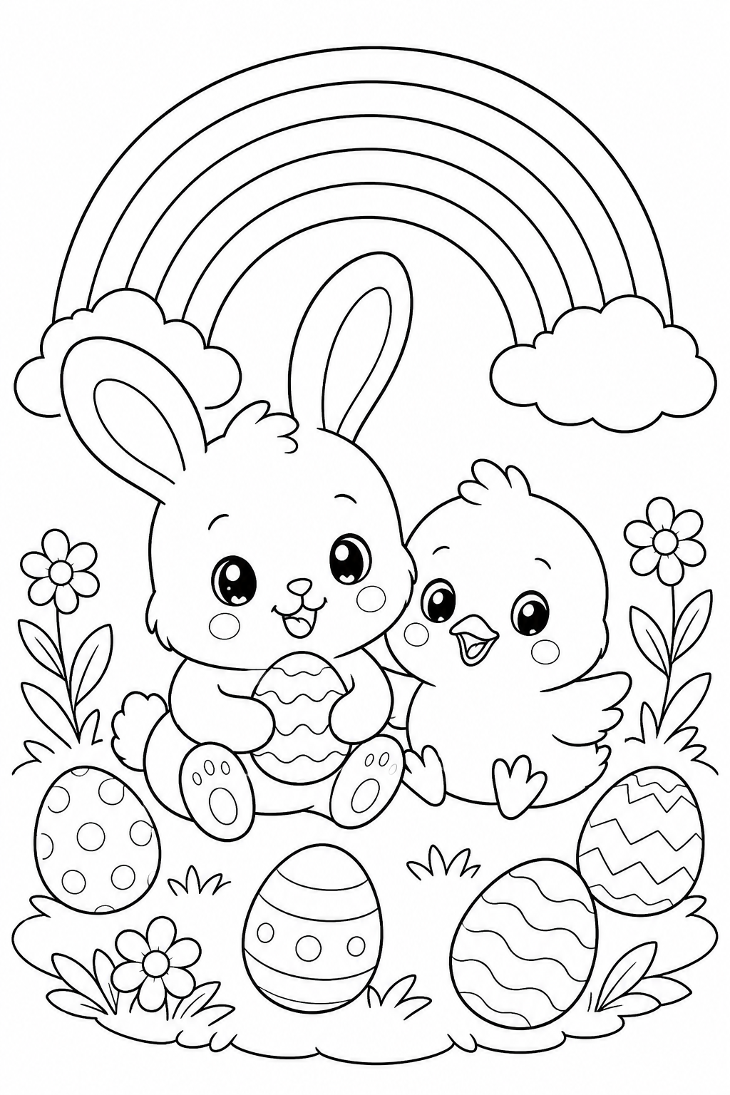 Free Printable Cute Easter Coloring Pages – Bunny and Chick Under a Rainbow