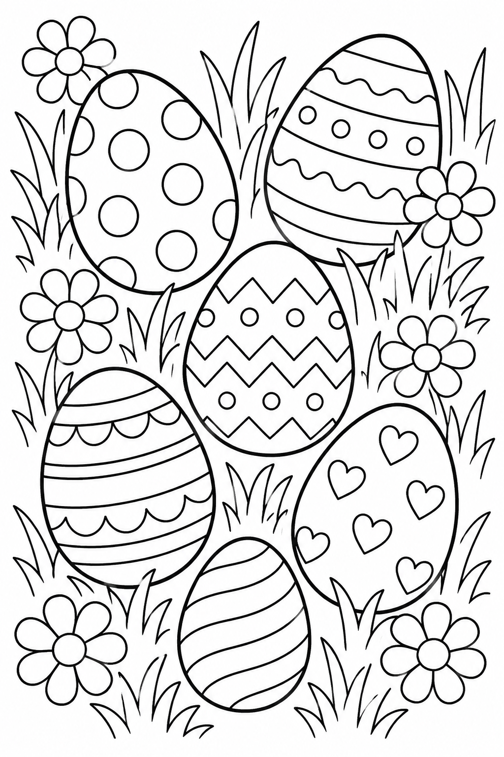 Free Easter Egg Coloring Pages – Six Patterned Eggs Scattered Among Daisies