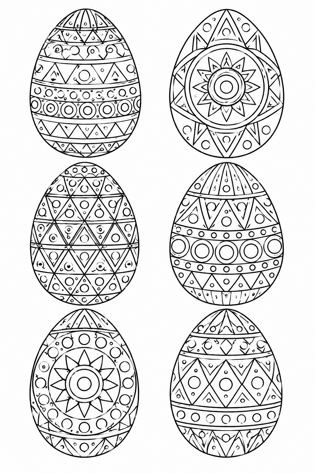 Easter Egg Coloring Pages PDF – Six Eggs with Geometric Triangle and Circle Patterns