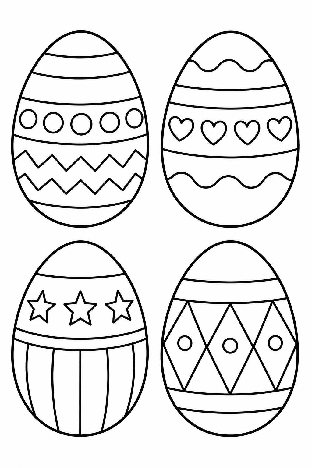 Print Easter Eggs Coloring Pages – Four Eggs with Decorative Band Patterns