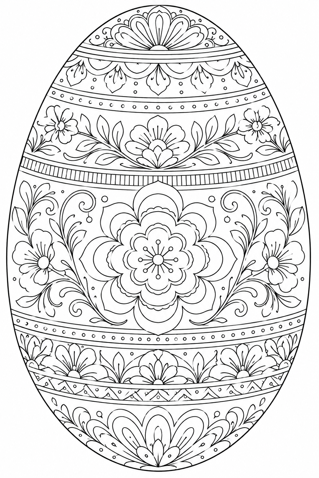 Free Printable Full Size Easter Egg Coloring Pages – Oversized Egg with Floral and Stripe Motifs