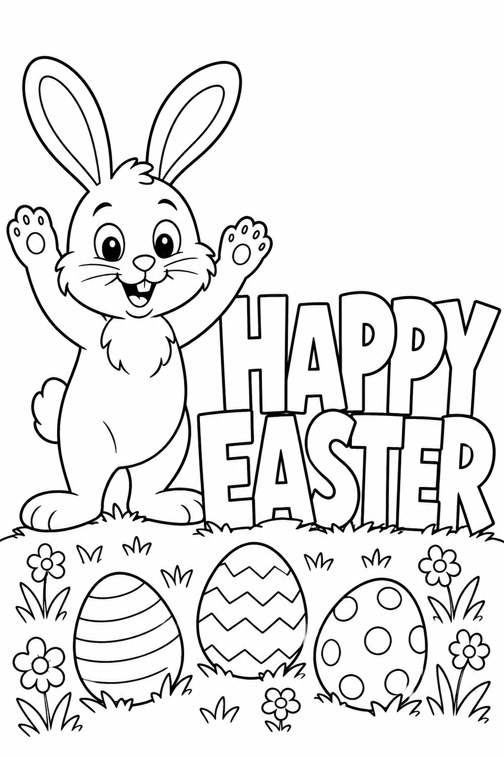 Happy Easter Coloring Pages – Waving Bunny Beside Bold HAPPY EASTER Letters