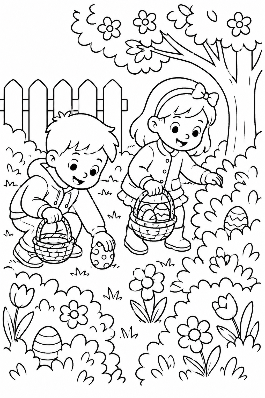 Easter Coloring Pages for Kids – Two Children Hunting Eggs Among Flowers and Bushes