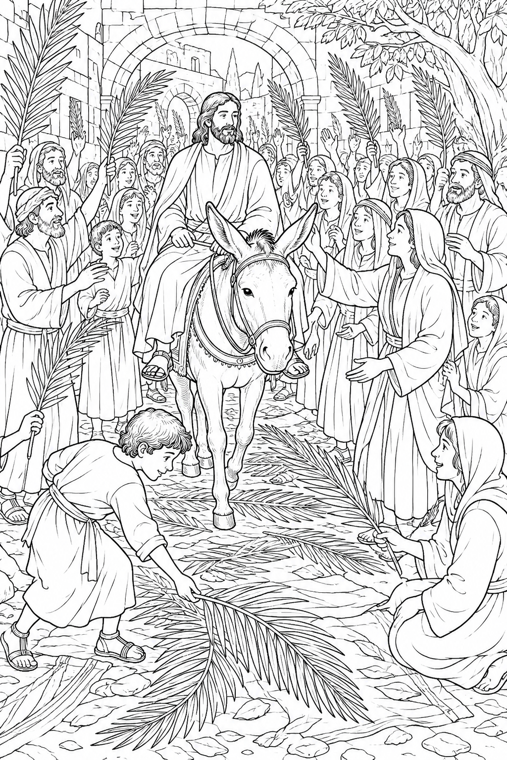Bible Coloring Pages for Easter – Child Placing a Palm Branch as a Donkey Walks Through a Crowd