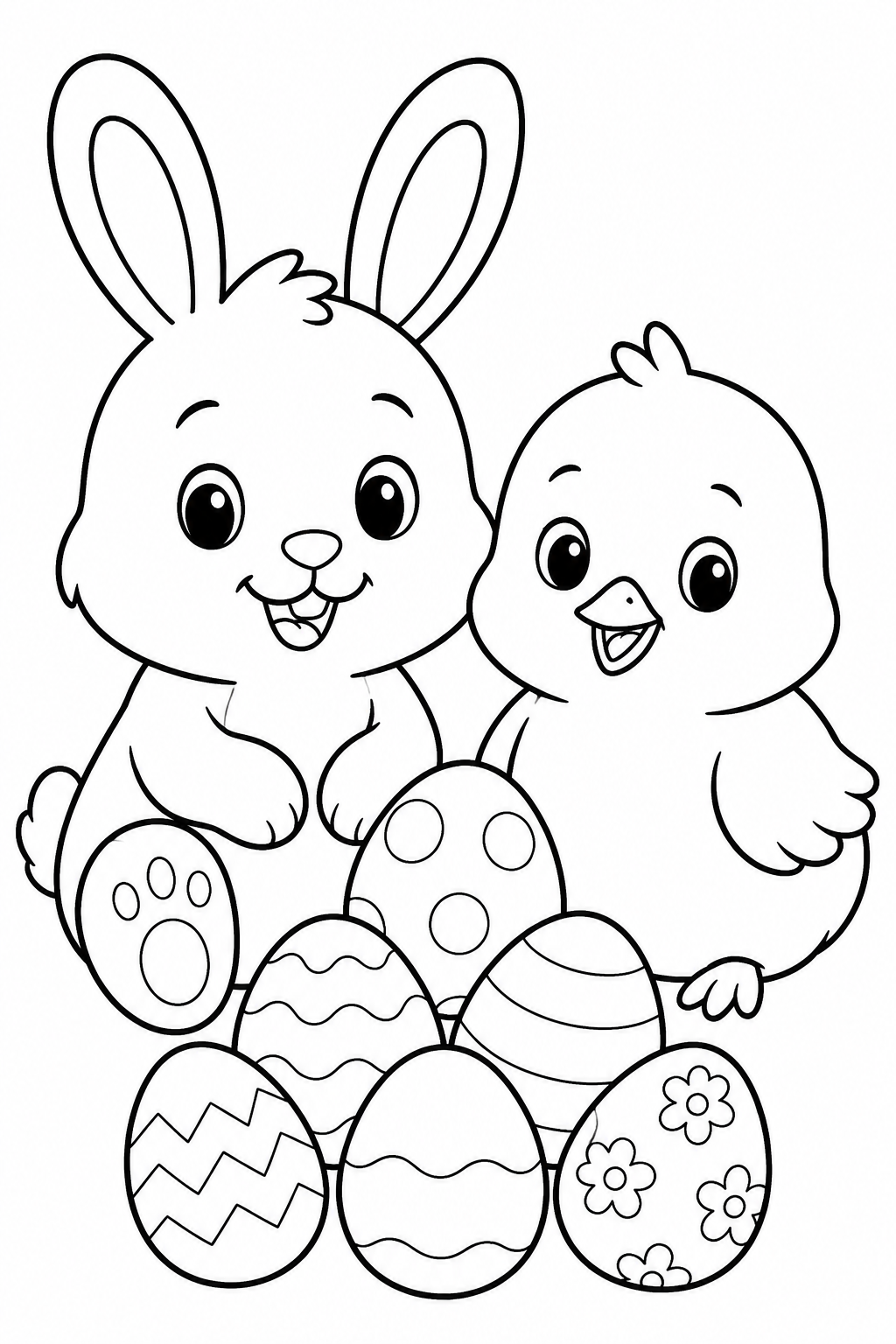 Easter Printing Coloring Pages – Bunny and Chick with Stacked Eggs