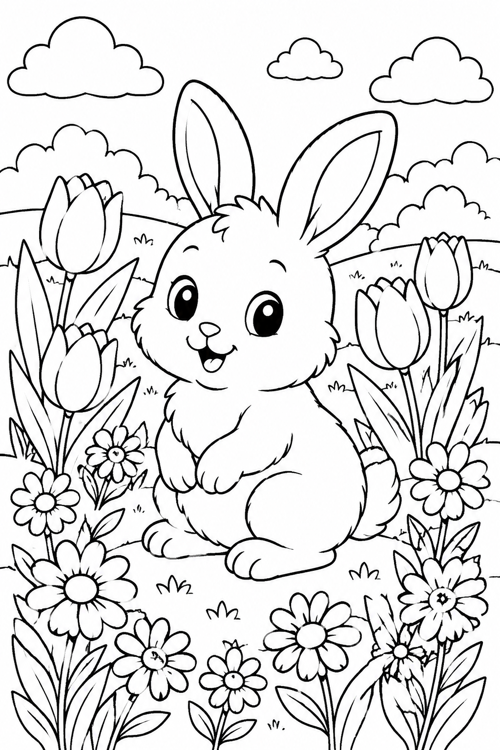 Easter Rabbit Coloring Pages – Fluffy Bunny Among Tulips and Daisies