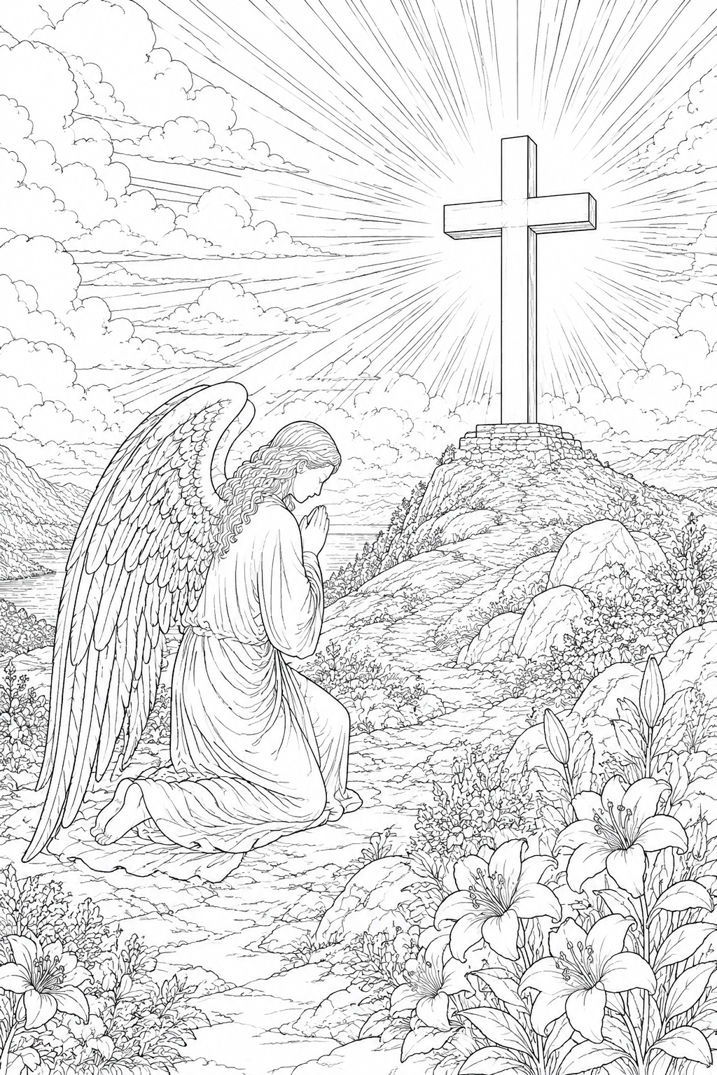 Religious Free Printable Religious Easter Coloring Pages – Angel Kneeling Before a Radiant Cross
