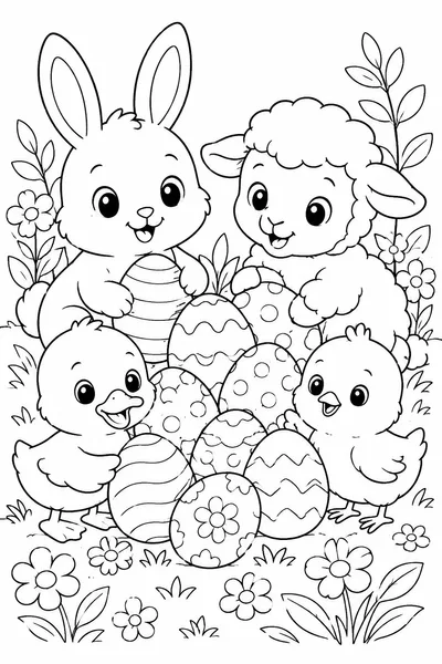 Cute Easter Animal Coloring Pages – Bunny, Duckling, Lamb, and Chick Around Easter Eggs