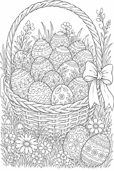 Easter Egg Basket Coloring Page – Wicker Basket Overflowing with Patterned Eggs