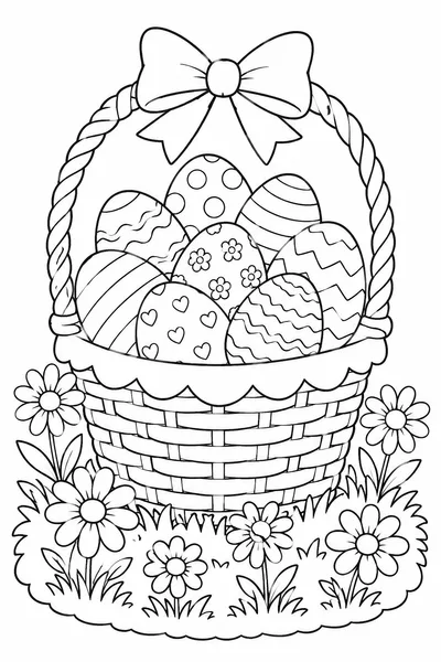 Easter Basket Color Pages – Wicker Basket Overflowing with Eggs on Spring Grass with Daisies