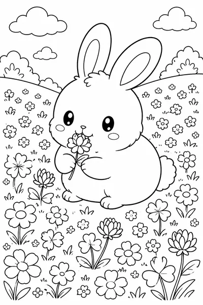 Coloring Pages of Bunnies for Easter – Fluffy Bunny Nibbling Clover in a Meadow