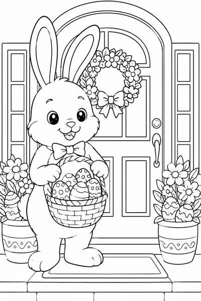 Free Printable Easter Bunny Coloring Pages – Tall Bunny with Basket at a Decorated Door