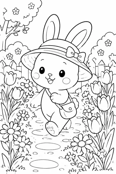 Cute Easter Bunnies Coloring Pages – Bunny in Sun Hat Walking a Garden Path