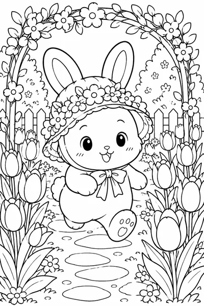 Easter Bunny in Flower Bonnet Coloring Page
