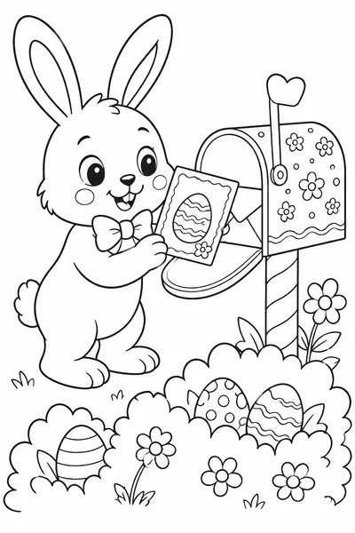 Coloring Pages for Easter Bunny – Bunny at a Decorated Mailbox with Hidden Eggs