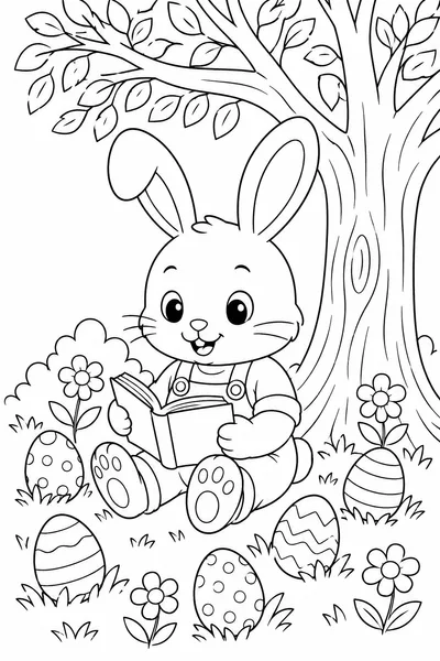 Easter Bunny Coloring Book Pages – Bunny in Overalls Reading Under a Tree with Eggs Nearby