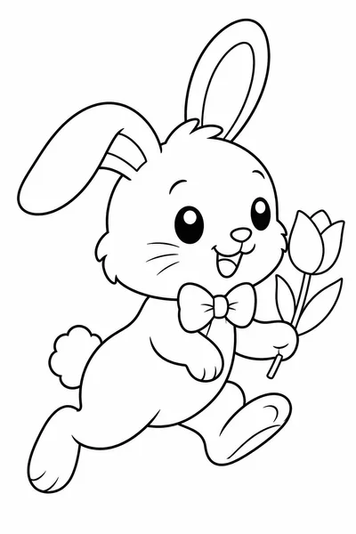 Coloring Page of Easter Bunny – Side Profile Bunny with Bow Tie and Tulip