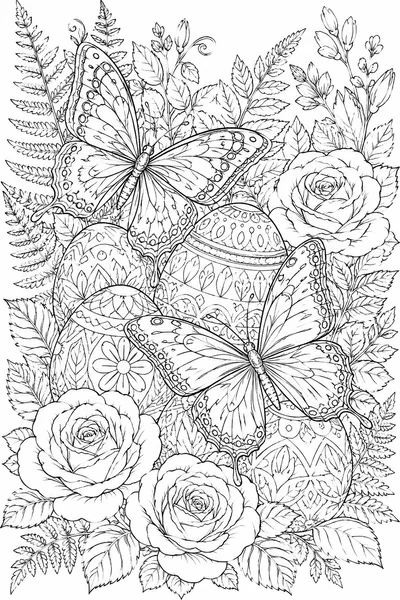 Butterflies on Easter Eggs Garden Coloring Page