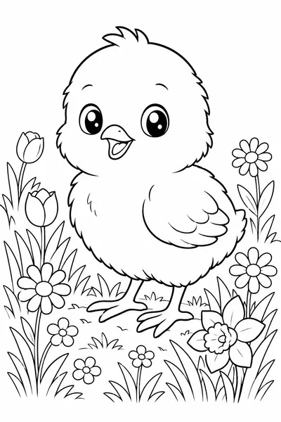 Easter Chick Coloring Pages – Baby Chick in Spring Grass with Flowers