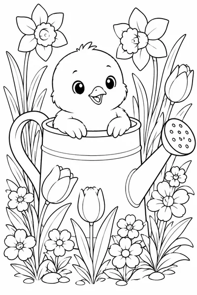 Baby Chick in Watering Can Coloring Page