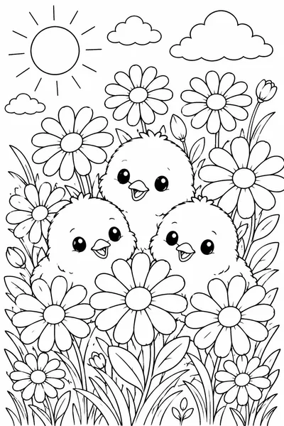Easter Chicks Coloring Pages Printable – Three Chicks in Spring Daisies
