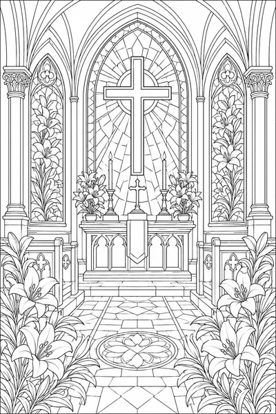 Church Easter Coloring Pages – Interior with Arched Stained-Glass Windows and Lily Flowers