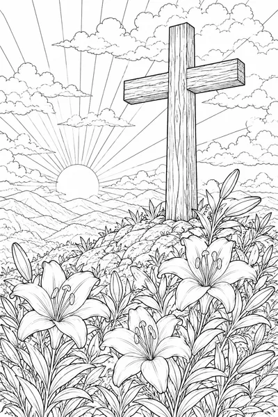 Easter Jesus Coloring Pages – Wooden Cross on Hillside with Easter Lilies