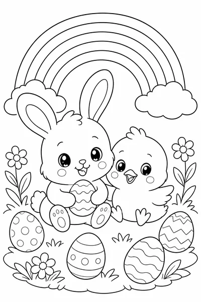 Free Printable Cute Easter Coloring Pages – Bunny and Chick Under a Rainbow
