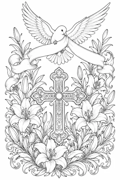 Religious Easter Coloring Book – Dove in Flight with Ribbon Banner Over an Ornate Cross
