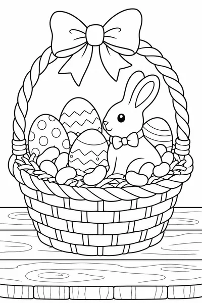 Easter Basket Coloring Page – Woven Basket with Eggs, Chocolate Bunny, and Jelly Beans