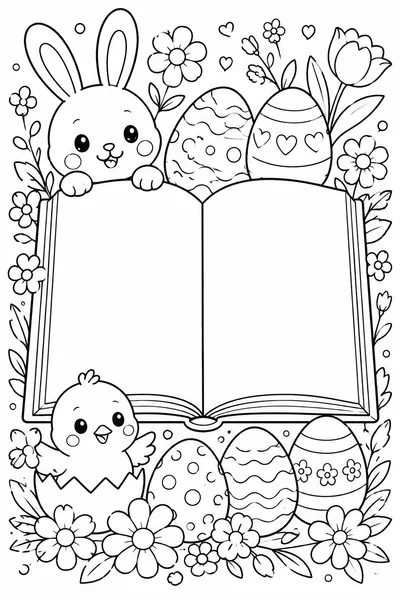 Free Printable Easter Coloring Book – Cover with Eggs, Bunny, Chick, and Spring Flower Border