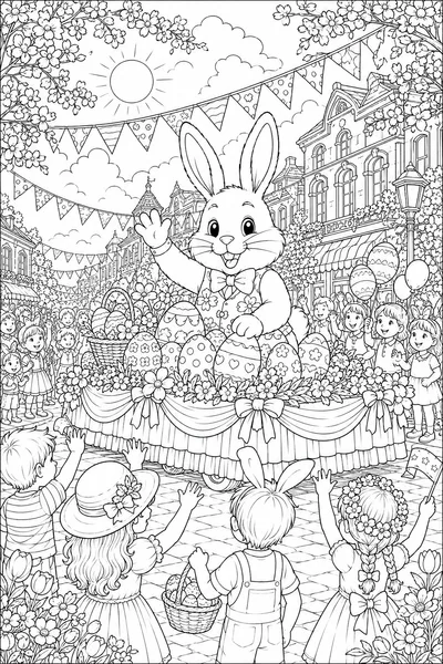 Easter Day Coloring Pages – Festive Parade with Bunny Float, Children, and Banners