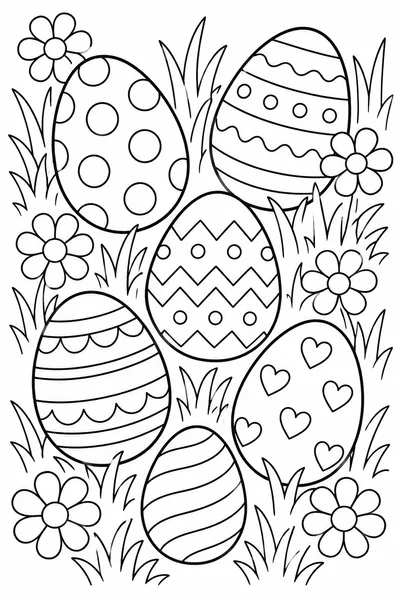 Free Easter Egg Coloring Pages – Six Patterned Eggs Scattered Among Daisies
