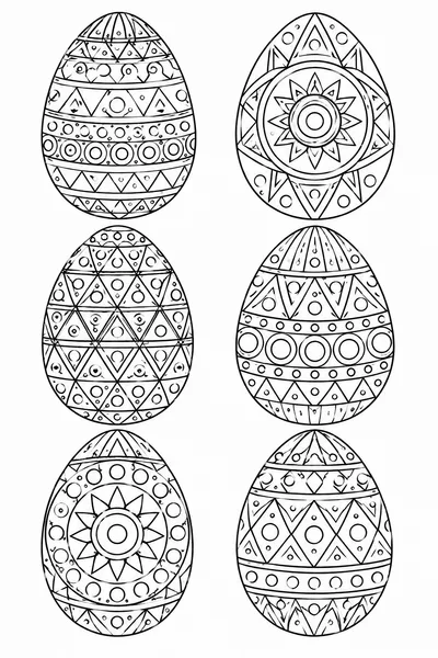 Easter Egg Coloring Pages PDF – Six Eggs with Geometric Triangle and Circle Patterns