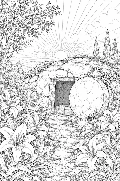 Christian Easter Coloring Pages – Open Stone Tomb with Rolled Boulder and Easter Lilies