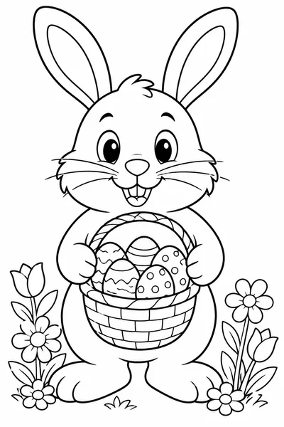 Free Printable Full Size Easter Bunny Coloring Pages – Large Bunny with Egg Basket and Flowers