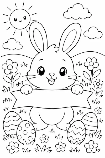 Happy Easter Coloring Pages Printable – Bunny Holding a Banner in a Spring Meadow