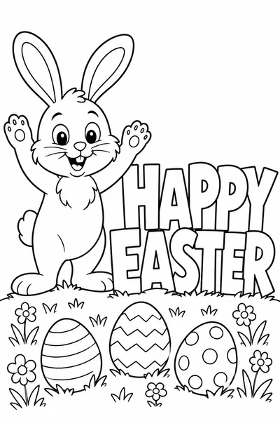 Happy Easter Coloring Pages – Waving Bunny Beside Bold HAPPY EASTER Letters