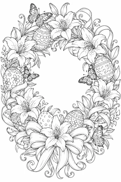 Easter Adult Coloring Pages – Ornate Wreath with Lilies and Butterflies
